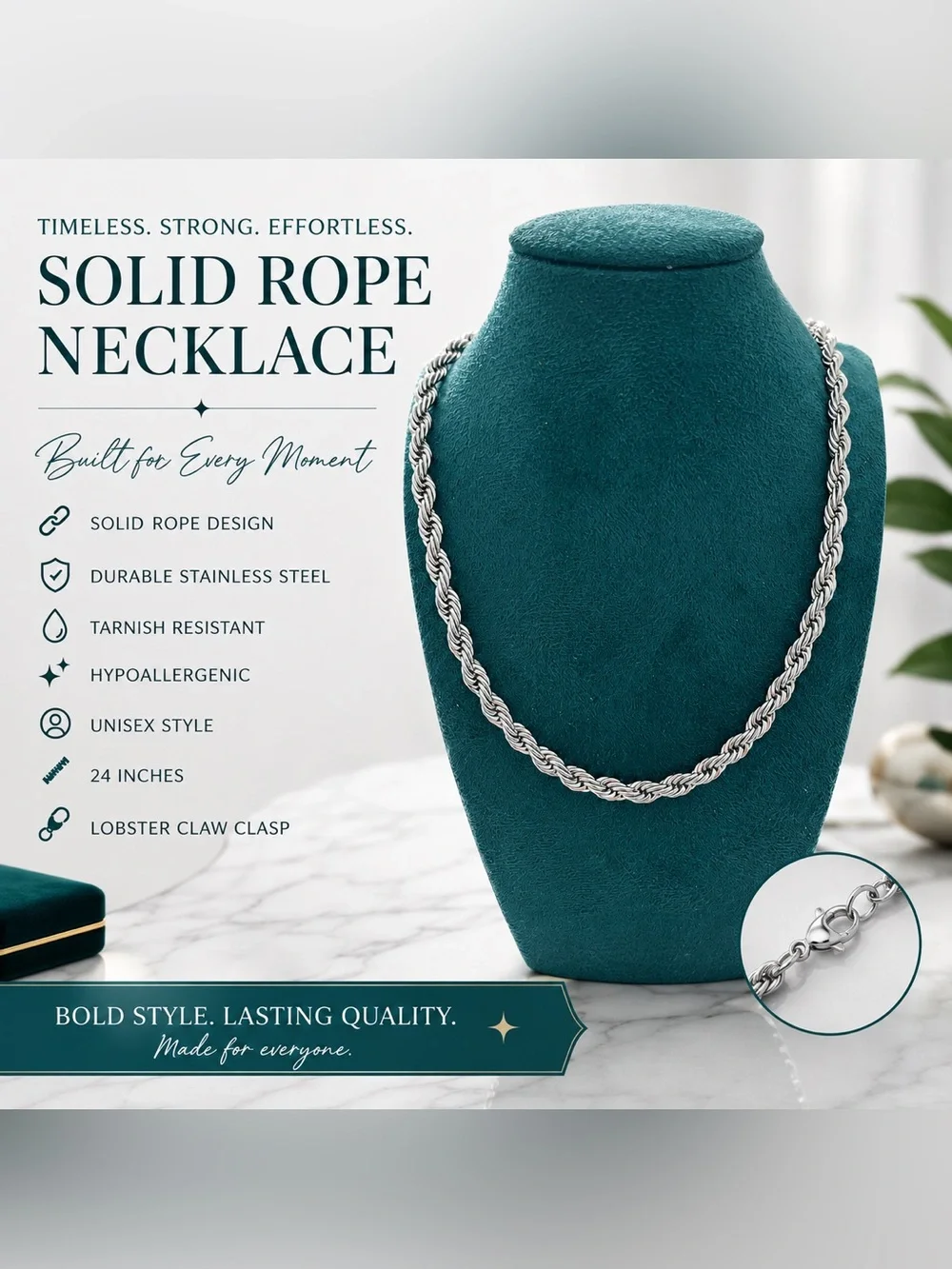 Solid Rope Necklace - Silver Stainless Steel 14” unisex